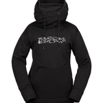 Volcom Women's Riding Hydro Hoodie 2025 - A black hoodie with a white logo on the chest and drawstrings hanging from the hood.
