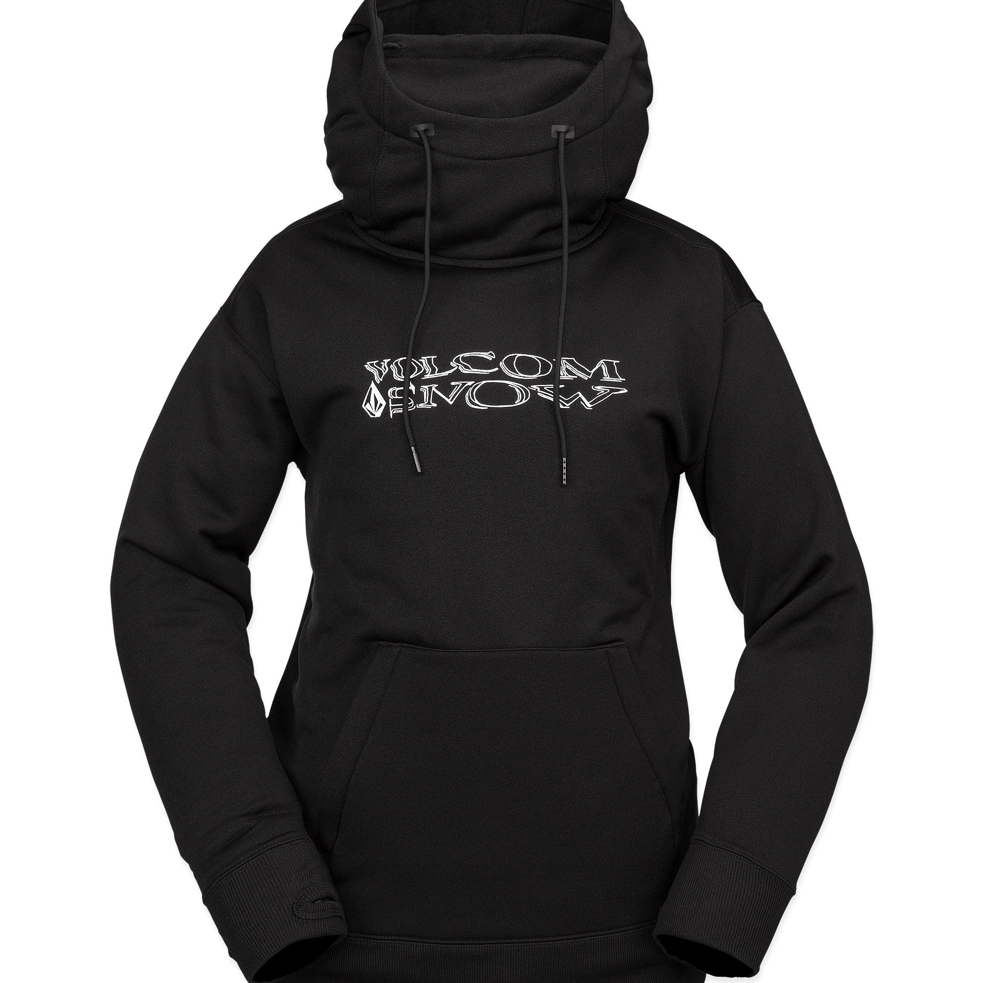 Volcom Women's Riding Hydro Hoodie 2025 - A black hoodie with a white logo on the chest and drawstrings hanging from the hood.