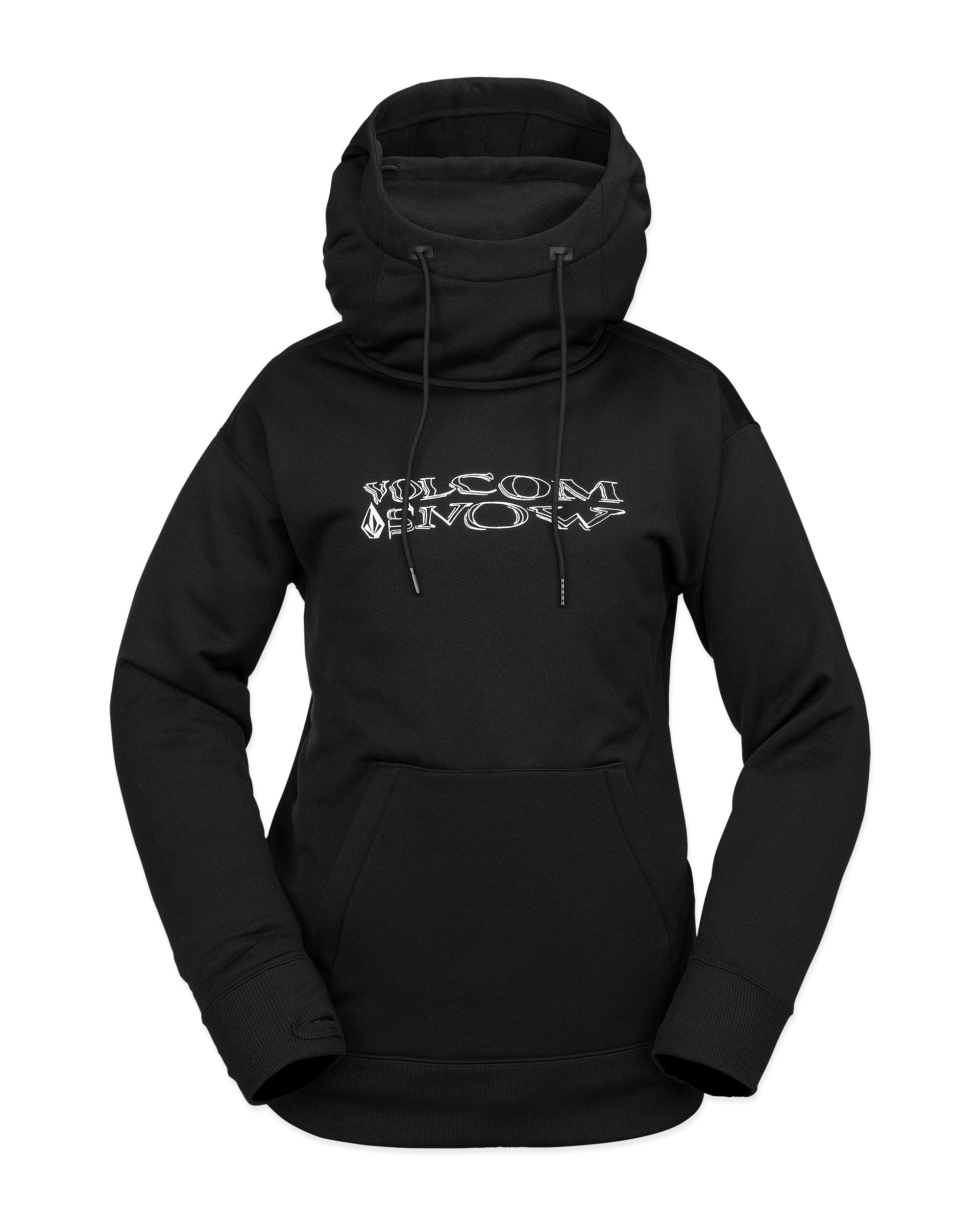 Volcom Women's Riding Hydro Hoodie 2025 - A black hoodie with a white logo on the chest and drawstrings hanging from the hood.