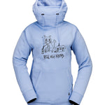 Volcom Women's Riding Hydro Hoodie 2025 - A light blue hoodie with a large graphic of a cat wearing a hoodie on the front, holding a boombox and standing next to a can of spray paint.