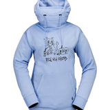 Volcom Women's Riding Hydro Hoodie 2025 - A light blue hoodie with a large graphic of a cat wearing a hoodie on the front, holding a boombox and standing next to a can of spray paint.