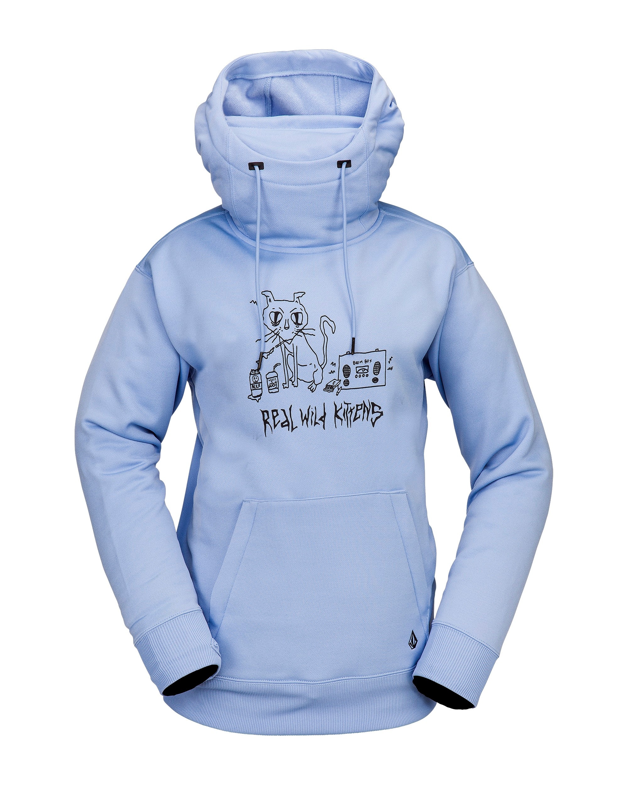 Volcom Women's Riding Hydro Hoodie 2025 - A light blue hoodie with a large graphic of a cat wearing a hoodie on the front, holding a boombox and standing next to a can of spray paint.