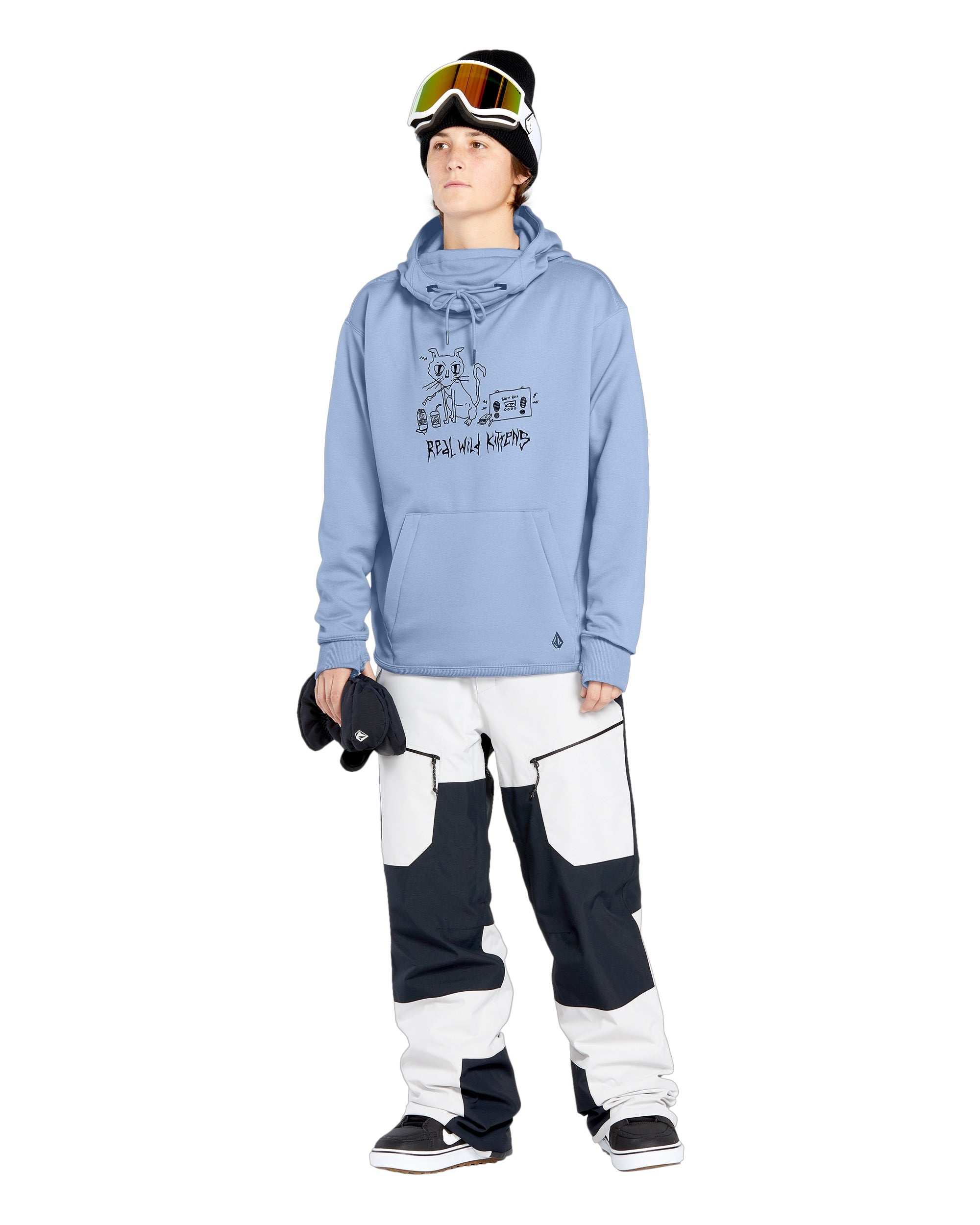 Volcom Women's Riding Hydro Hoodie 2025 - A light blue hoodie with a graphic of a woman riding a snowboard on the front.