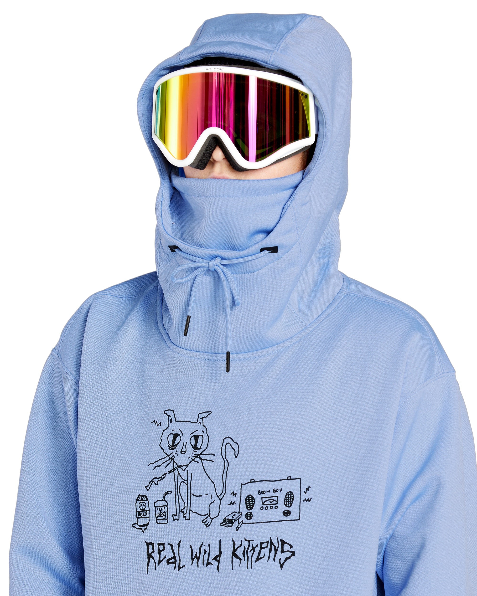 Volcom Women's Riding Hydro Hoodie 2025 - A light blue hoodie with a white and pink striped hood lining.