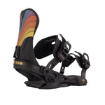 Arbor Women's Sequioa Hillary Jane Snowboard Binding - A black snowboard binding with a rainbow-colored design on the strap and gold lettering that reads "ARBOR" along the bottom of the baseplate.