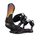 Arbor Women's Sequioa Hillary Jane Snowboard Binding - A black snowboard binding with a rainbow-colored design on the strap and gold lettering that reads "ARBOR" along the bottom of the baseplate.