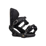 Arbor Women's Sequioa Hillary Jane Snowboard Binding - A black snowboard binding with a geometric pattern on the strap and gold lettering that reads "Hillary Jane" on the highback.