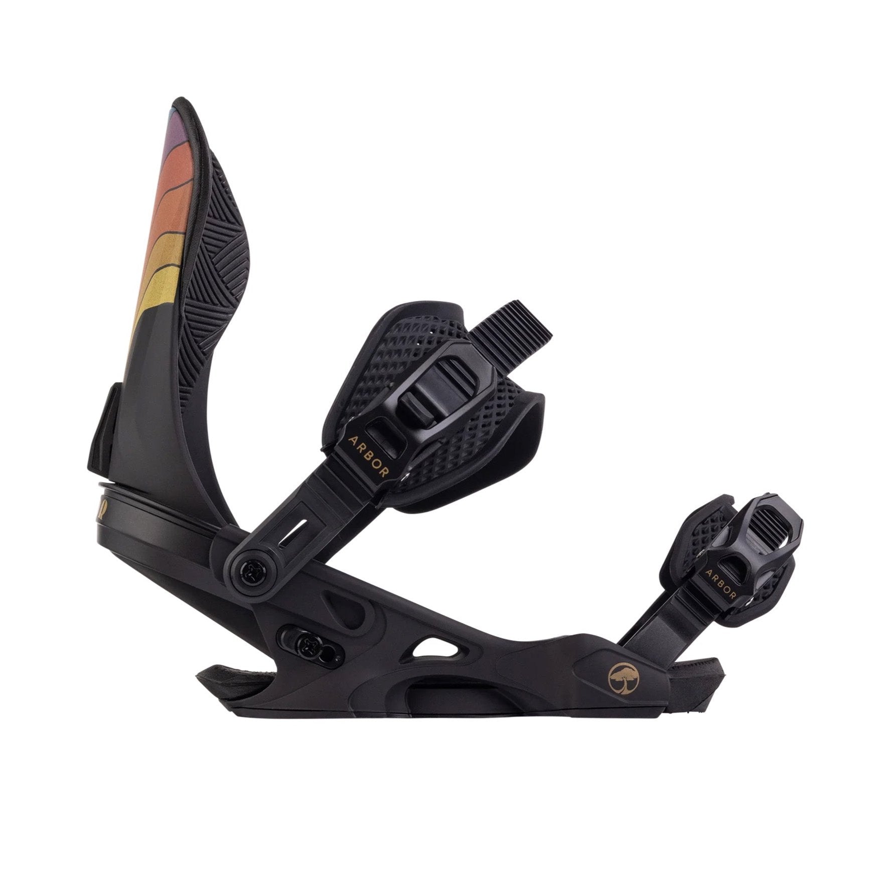 Arbor Women's Sequoia Hillary Jane Snowboard Binding - A black snowboard binding with a rainbow-colored design on the strap and a tree logo in gold on the baseplate.