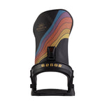 Arbor Women's Sequoia Hillary Jane Snowboard Binding - A black snowboard binding with a rainbow-colored wavy stripe design on top, featuring blue, purple, orange, and yellow colors.