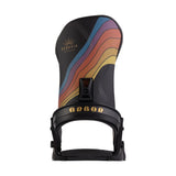 Arbor Women's Sequoia Hillary Jane Snowboard Binding - A black snowboard binding with a rainbow-colored wavy stripe design on top, featuring blue, purple, orange, and yellow colors.