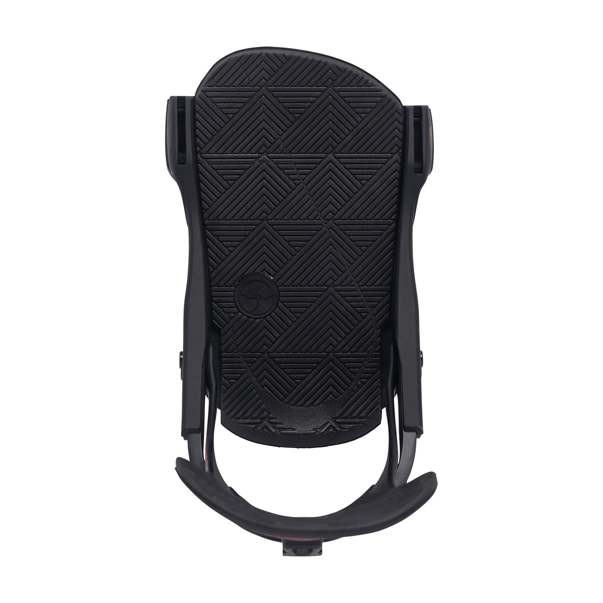 Arbor Women's Sequioa Hillary Jane Snowboard Binding - A black snowboard binding with a geometric pattern on the strap and baseplate, featuring a circular logo in the center of the baseplate.