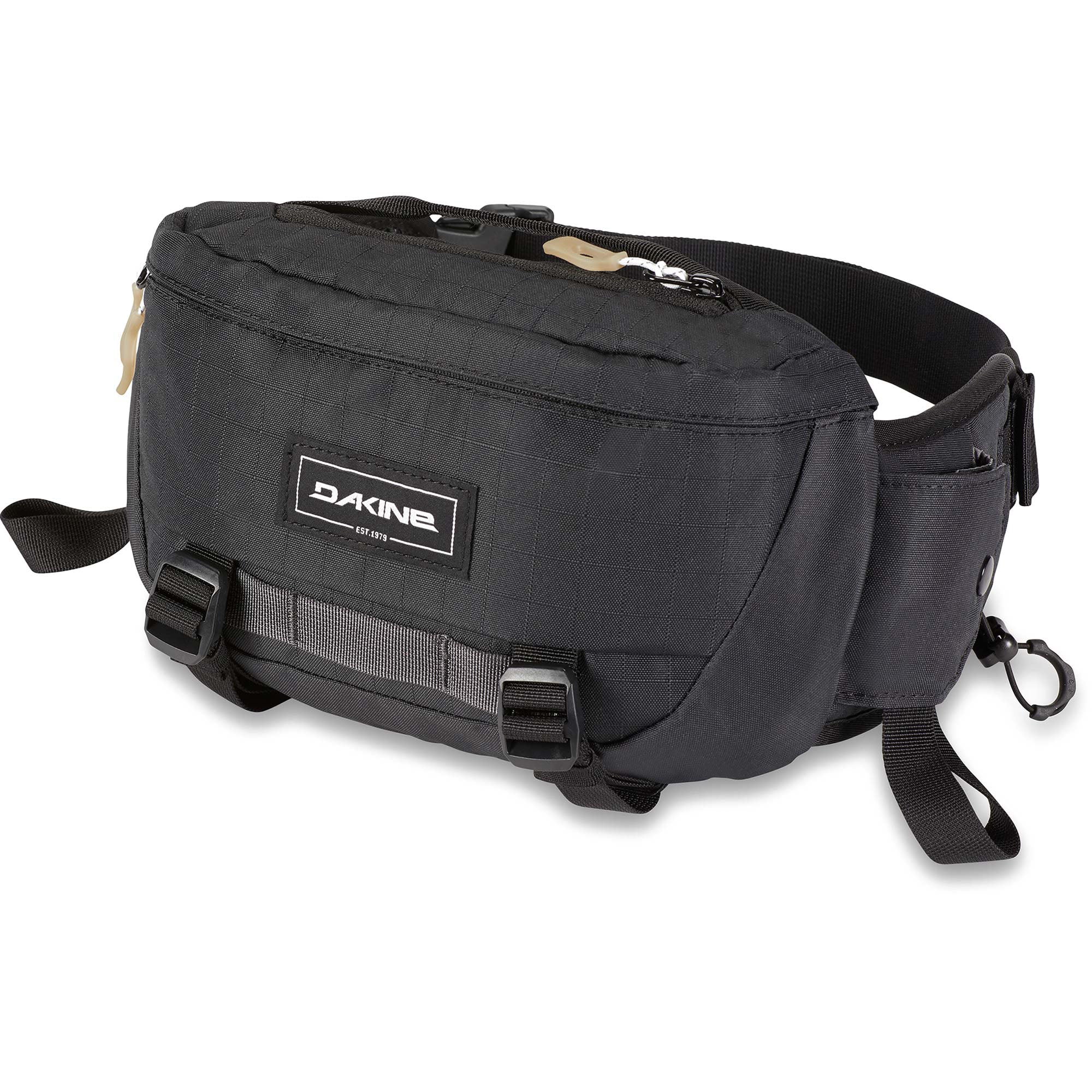 Dakine Hot Laps 2L Hip Pack - A black hip pack with a zippered top and adjustable strap, featuring a small pocket on the front.