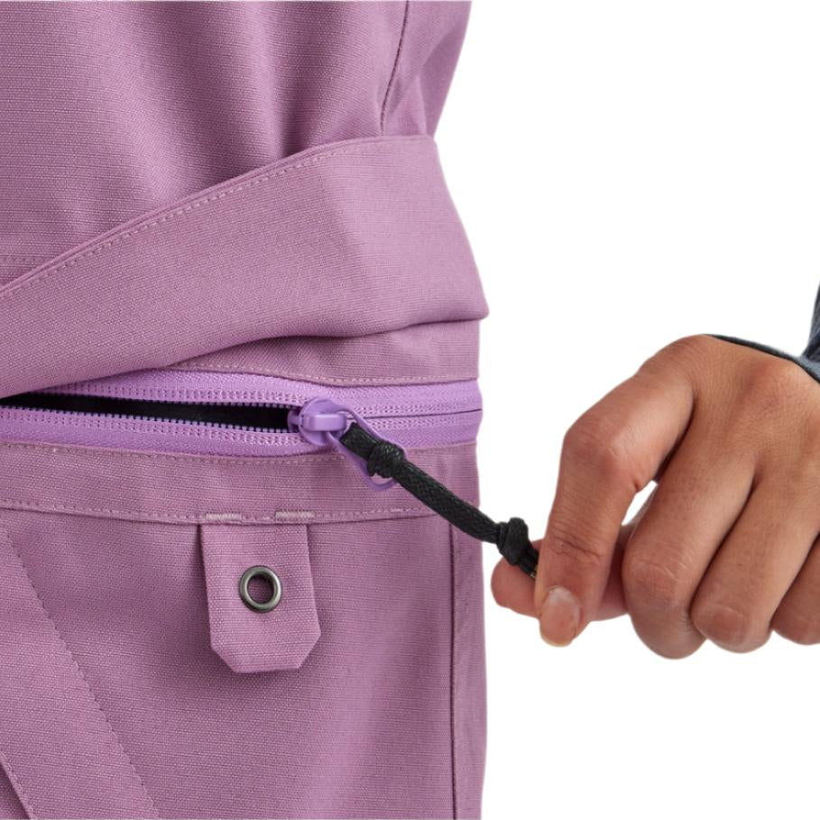 Airblaster Women's Hot Bib Shell 2025 - A lavender-colored snow bib shell with a zipper running down the front.