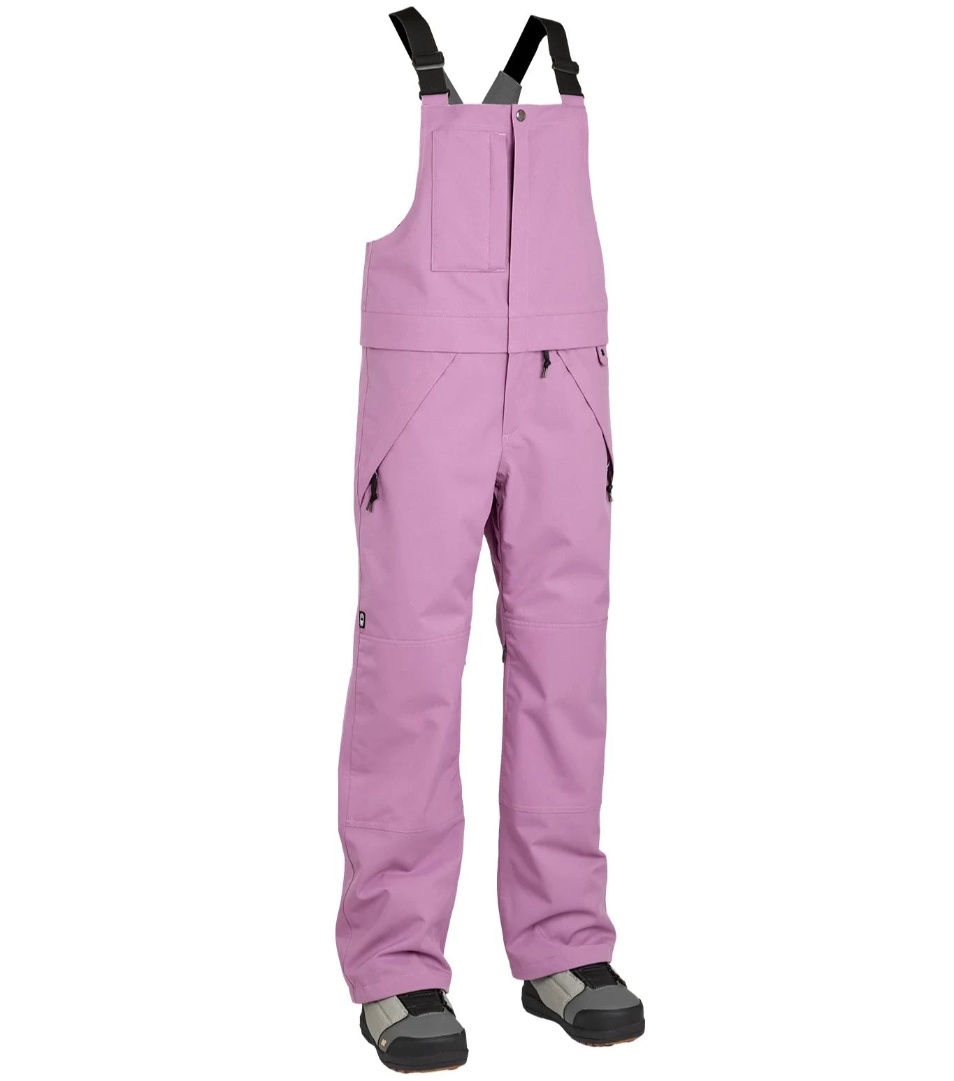 Airblaster Women's Hot Bib Shell 2025 - A pair of pink snow pants with a zippered pocket on the thigh and adjustable straps at the waist.