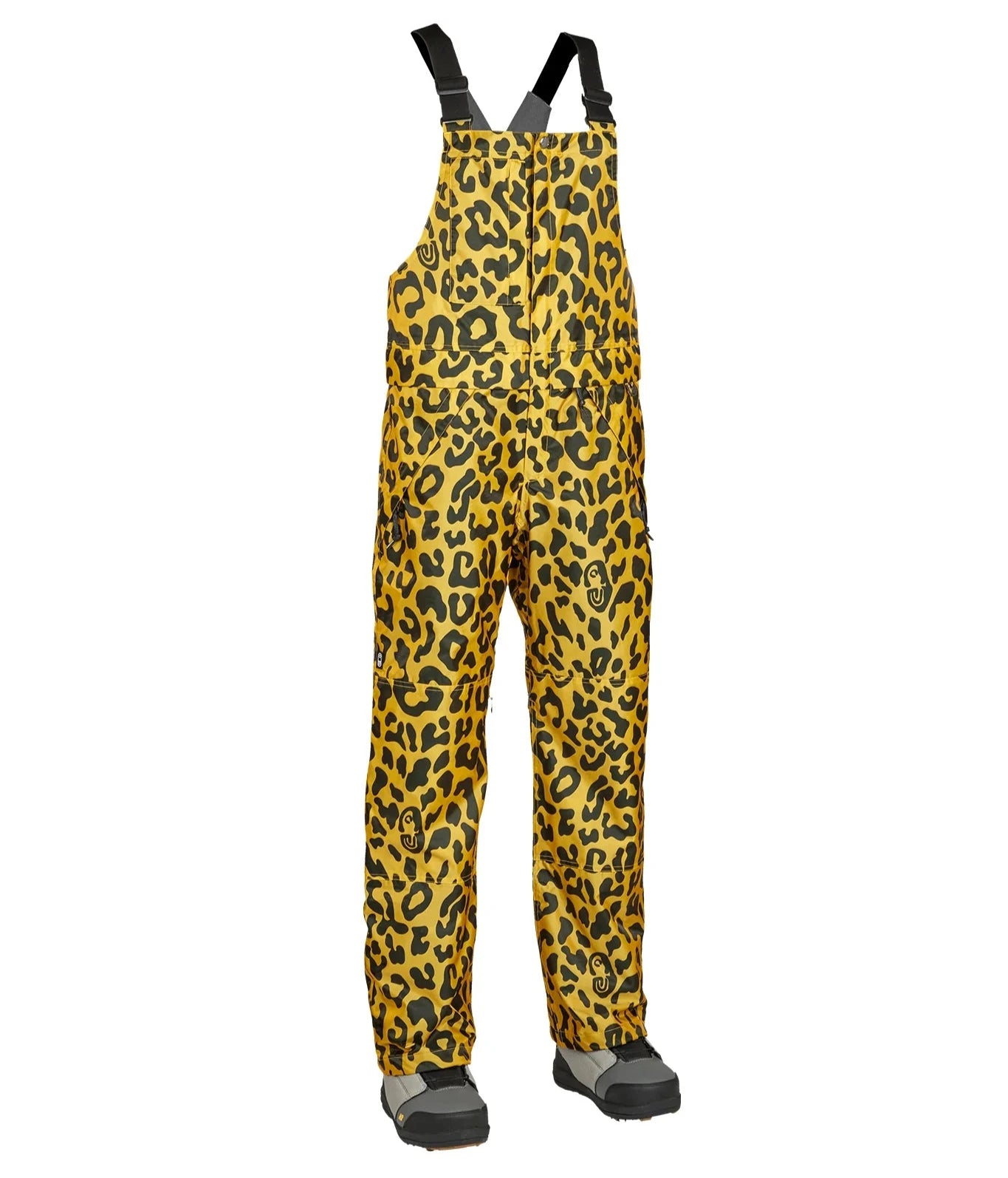 Airblaster Women's Hot Bib Shell 2025 - A pair of yellow and black leopard-print snow bibs with adjustable straps.