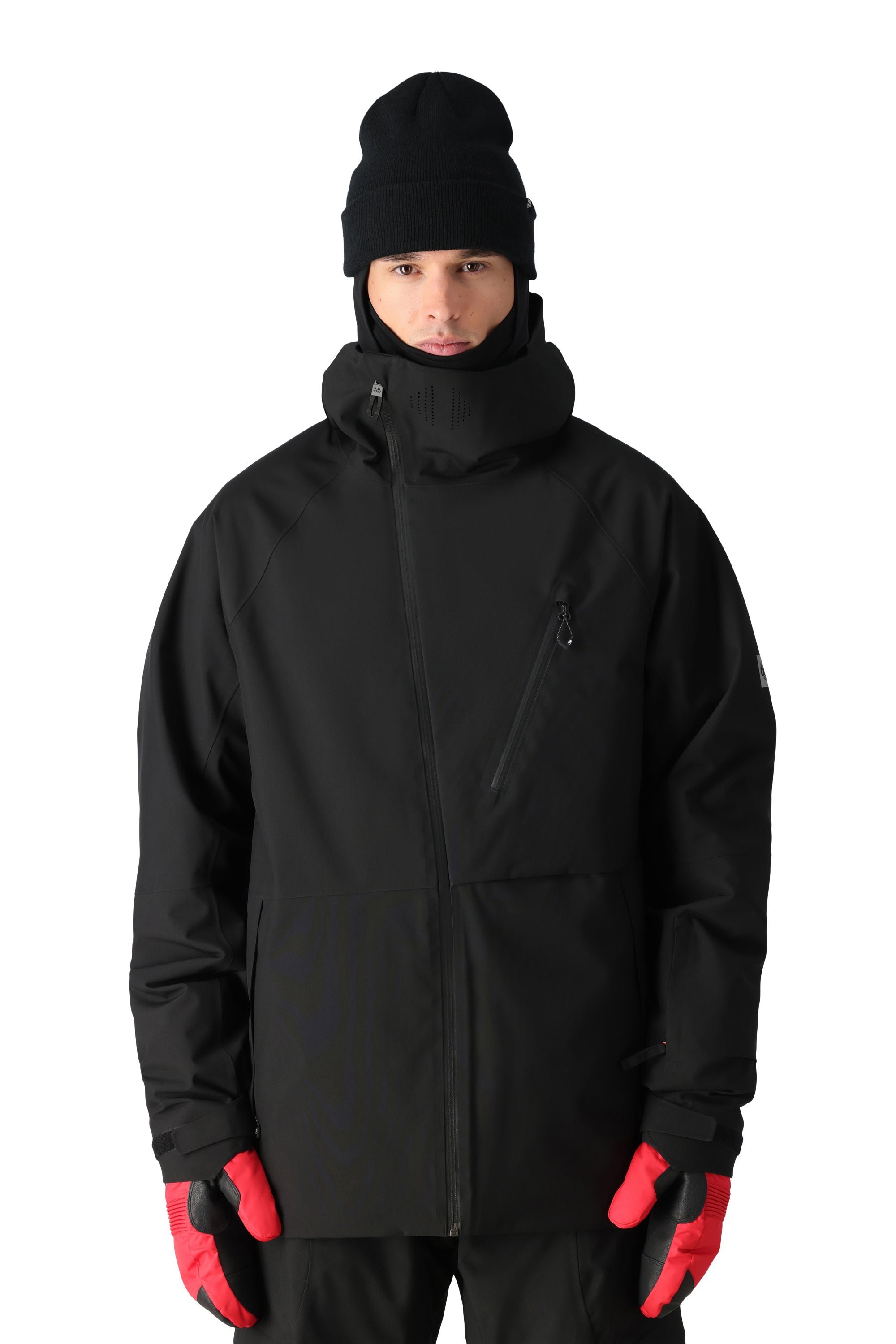 The 686 Hydra Thermagraph Jacket 2025 is black with an insulated hood and zippered pockets on both sides.