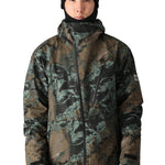 The 686 Hydra Thermagraph jacket in camouflage print appears to be made of waterproof material and has an insulated hood.