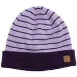 HARBOR KNIT BEANIE 2024 - A light purple beanie with dark purple stripes and a dark purple cuff.