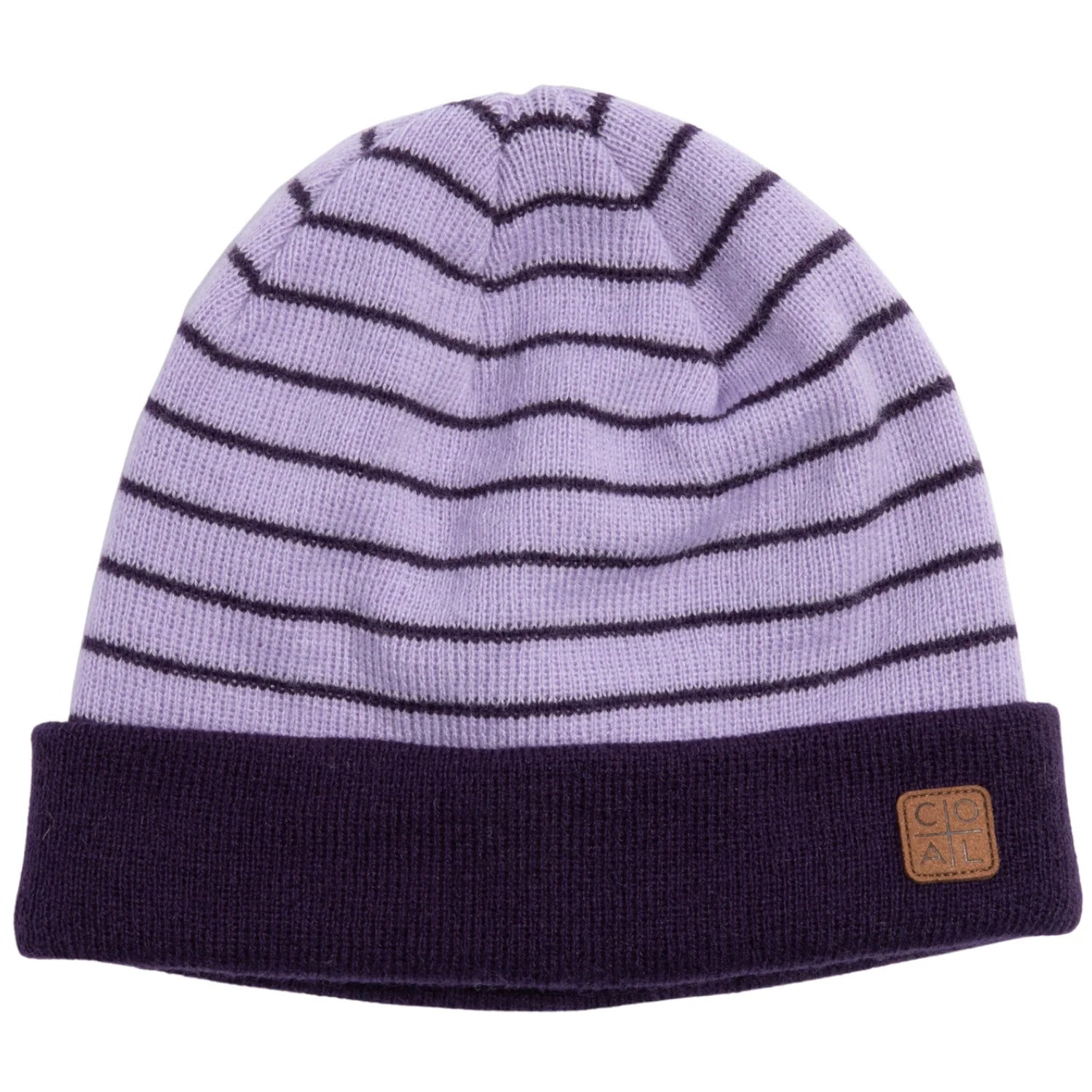 HARBOR KNIT BEANIE 2024 - A light purple beanie with dark purple stripes and a dark purple cuff.