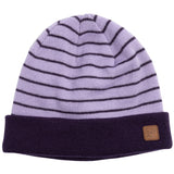 HARBOR KNIT BEANIE 2024 - A light purple beanie with dark purple stripes and a dark purple cuff.