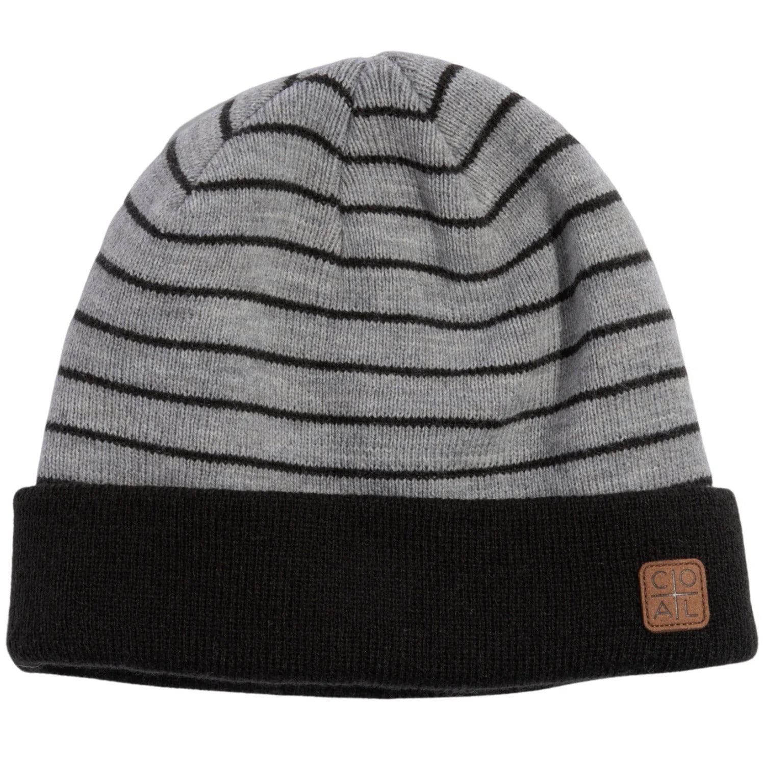HARBOR KNIT BEANIE 2024 - A gray beanie with black stripes and a brown leather logo on the cuff.
