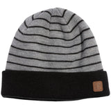 HARBOR KNIT BEANIE 2024 - A gray beanie with black stripes and a brown leather logo on the cuff.