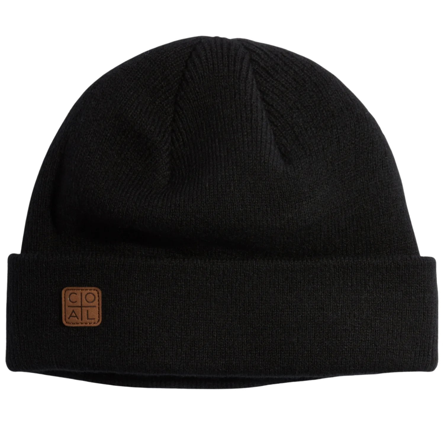 HARBOR KNIT BEANIE 2024 - A black beanie with a brown leather patch on the front.