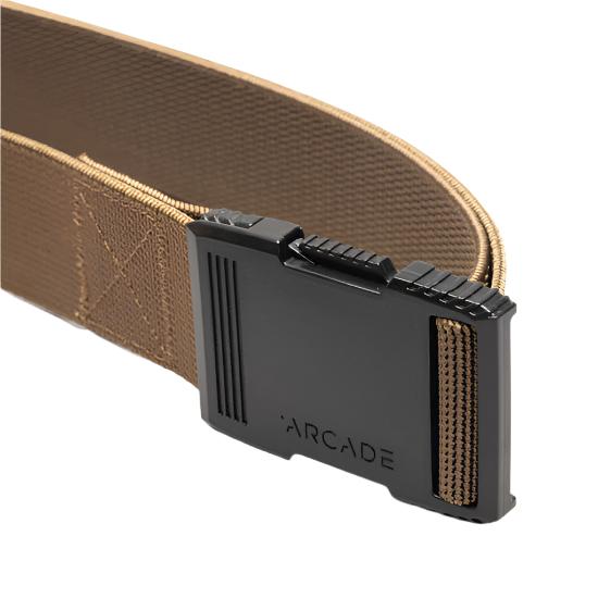Arcade Hardware Belt 2025 - A brown belt with a black buckle featuring the word "ARCADE" in small letters.