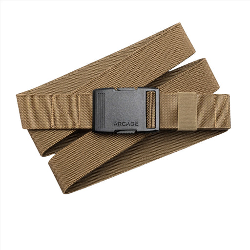 A light brown belt coiled with a black plastic buckle on top. The buckle is rectangular and smooth, with "ARCADE" embossed on it. The woven texture of the belt is visible, providing a durable and sturdy appearance.