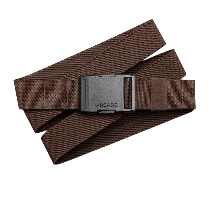 A dark brown belt coiled with a black plastic buckle on top. The buckle is rectangular and smooth, with "ARCADE" embossed on it. The woven texture of the belt is visible, providing a durable and sturdy appearance.