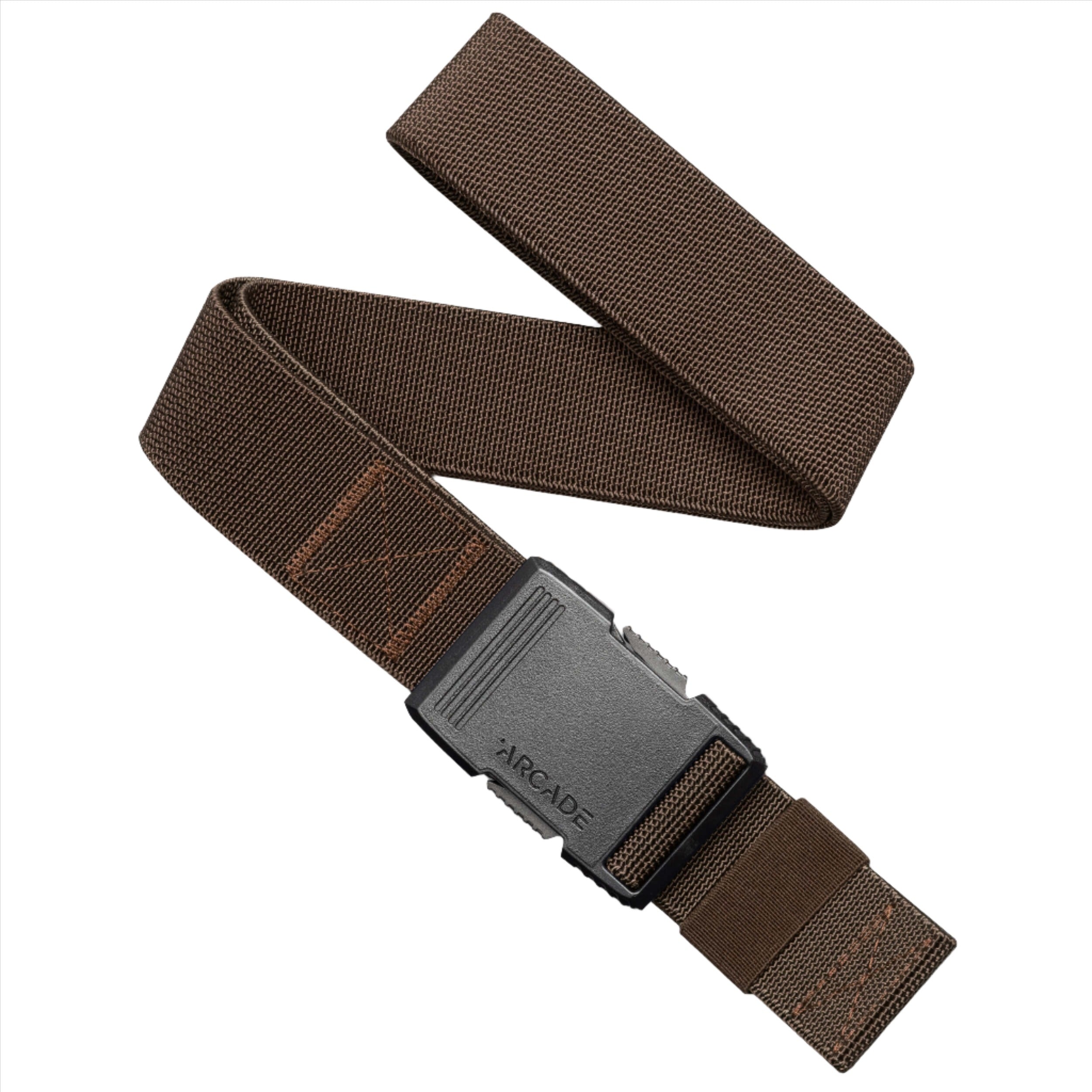 A dark brown belt with a black plastic buckle, showing a textured woven design. The belt is laid out flat with the buckle prominently displayed, featuring the brand name "ARCADE" embossed on it.