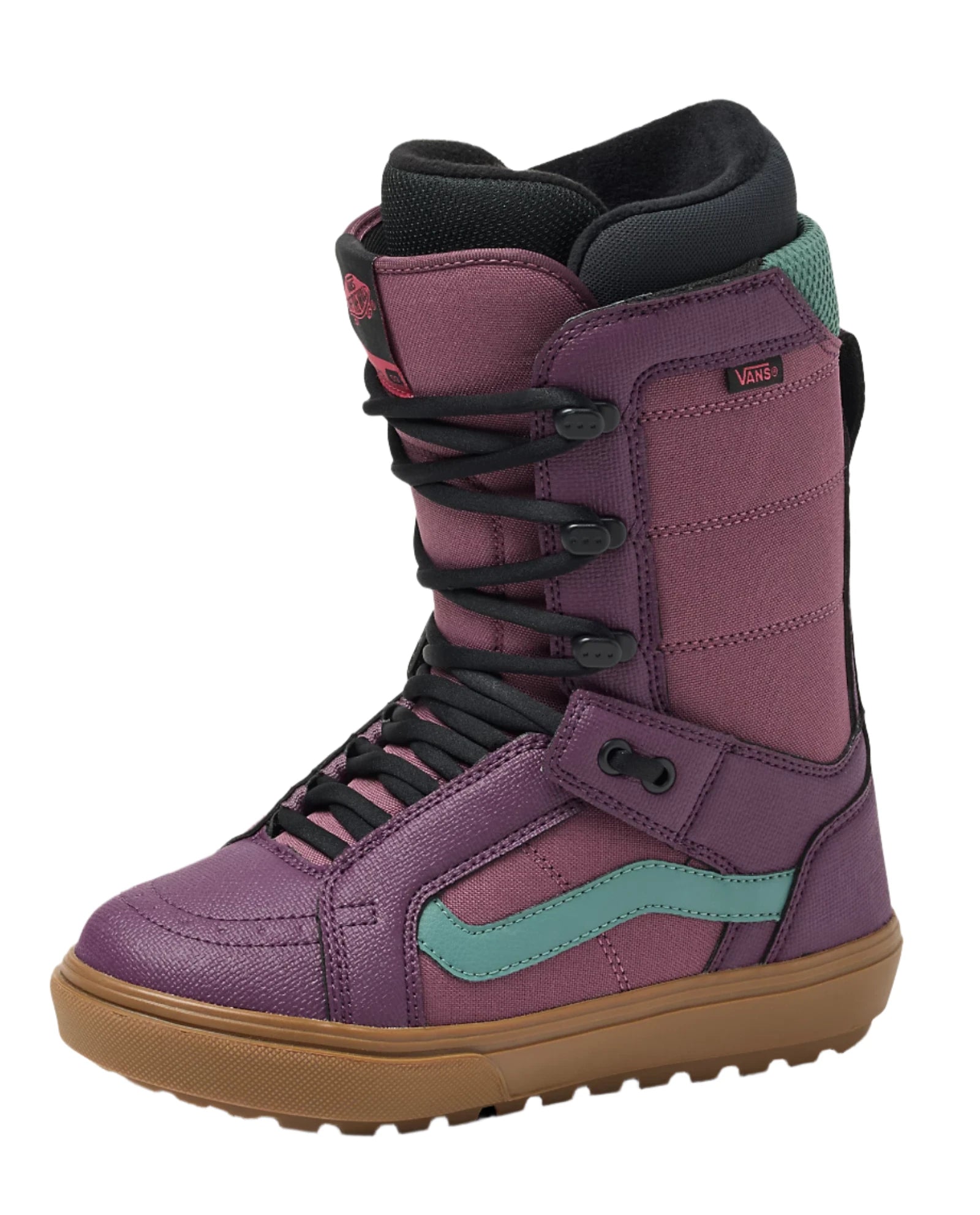 Vans Women's Hi-Standard OG Snowboard Boot 2025 - A purple snowboard boot with a black strap and laces, featuring a wavy teal stripe on the side.