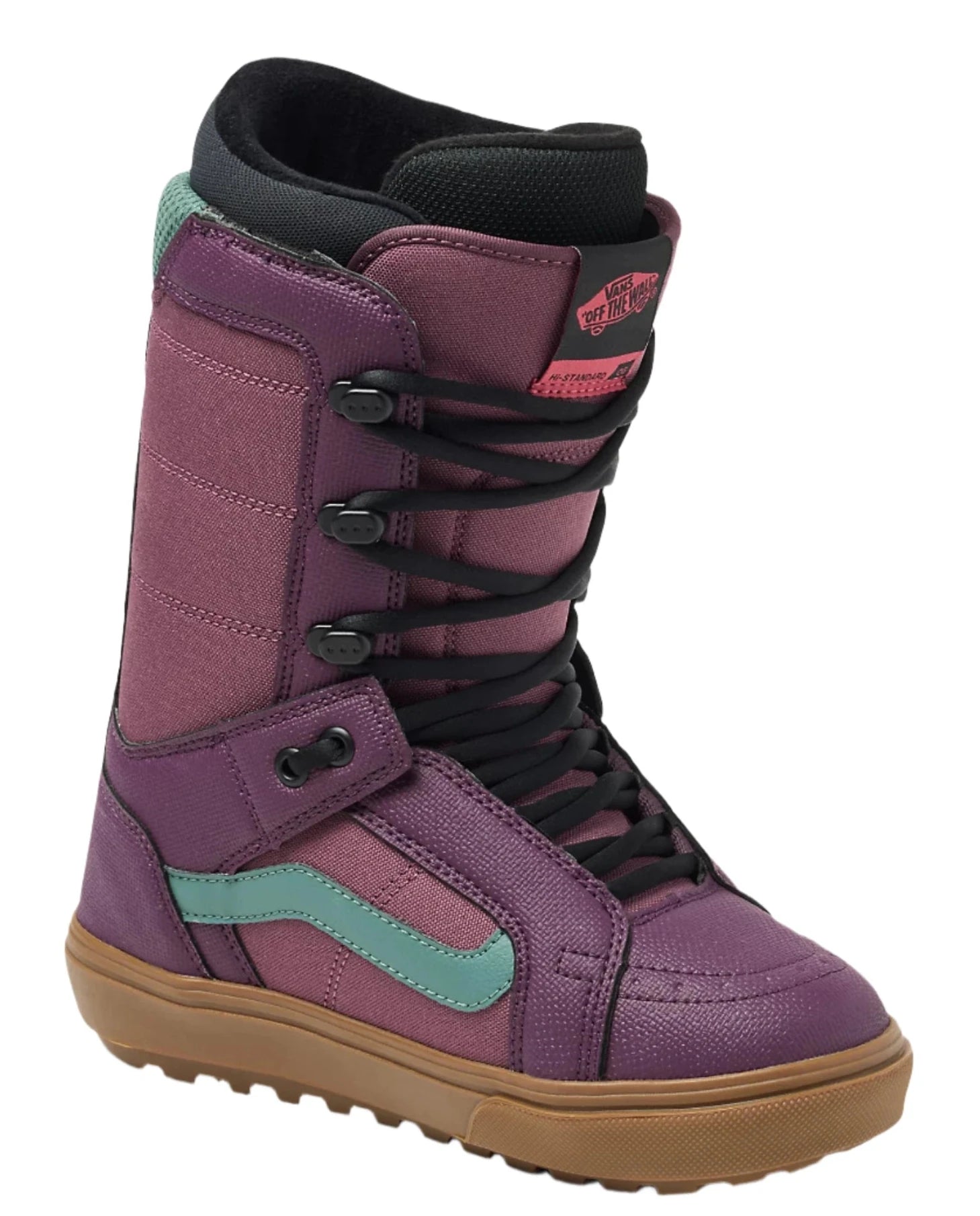 Vans Women's Hi-Standard OG Snowboard Boot 2025 - A purple snowboard boot with a teal stripe on the side and black laces.