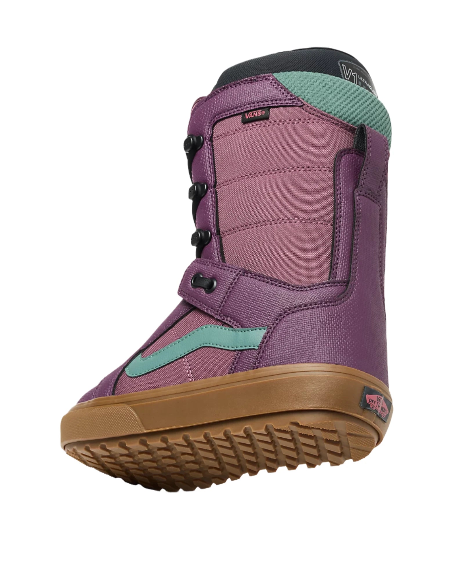 Vans Women's Hi-Standard OG Snowboard Boot 2025 - A purple snowboard boot with a black strap and laces, featuring a teal logo on the side.