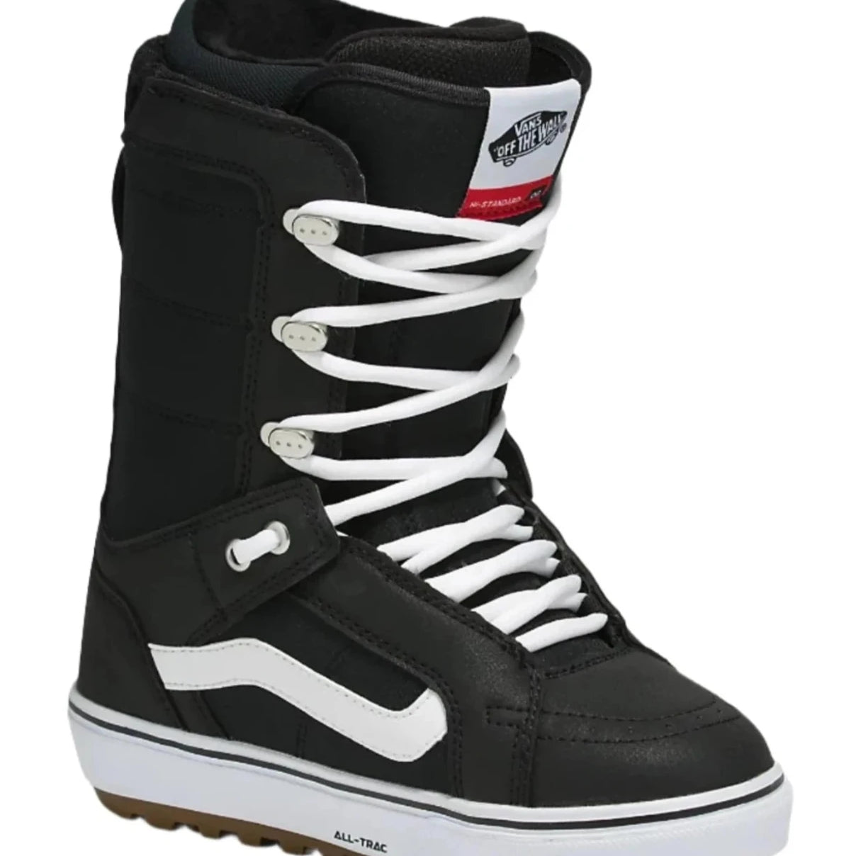 Vans Women's Hi-Standard OG Snowboard Boot 2025 - Black snowboard boot with white laces and a white logo on the side.