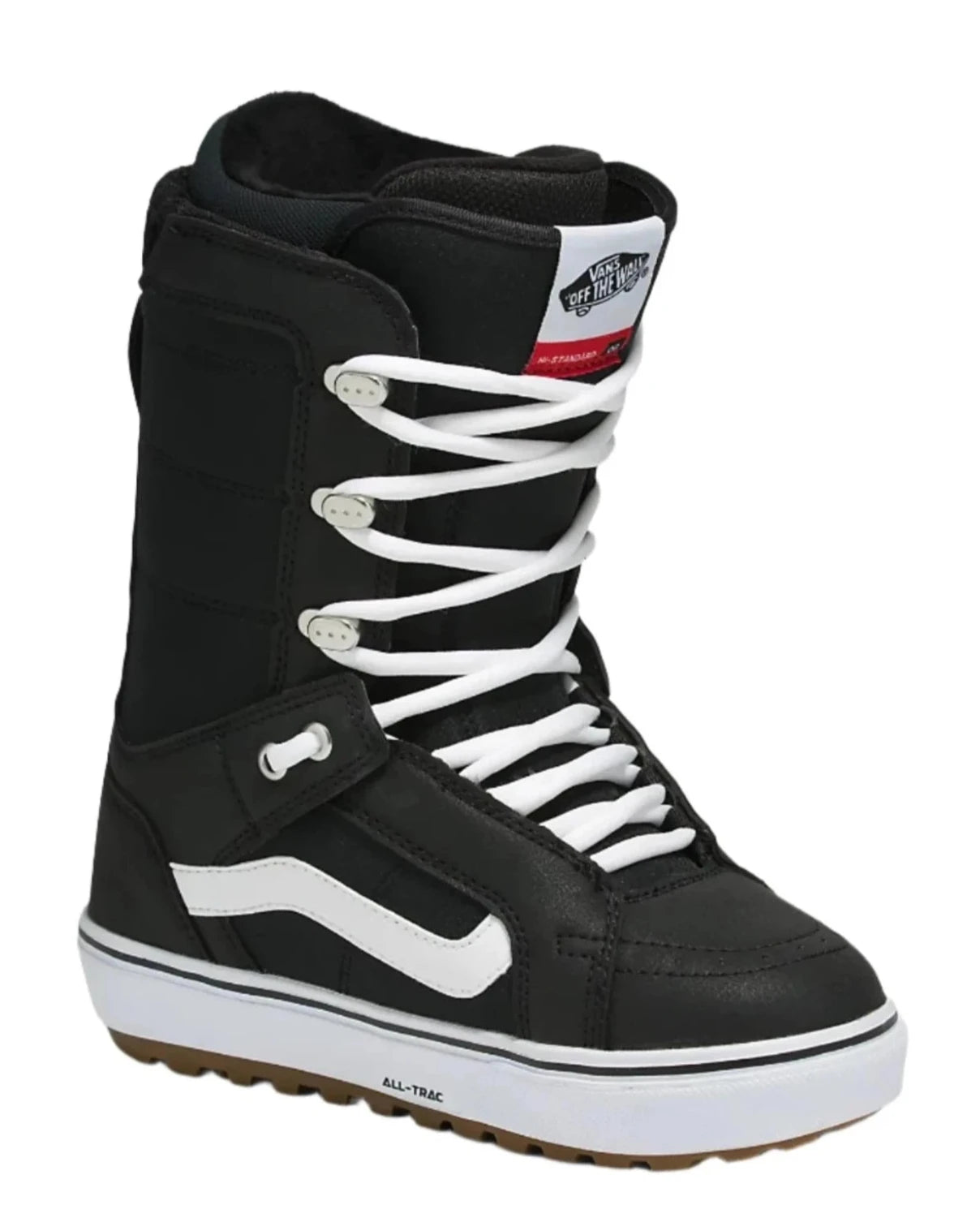 Vans Women's Hi-Standard OG Snowboard Boot 2025 - Black snowboard boot with white laces and a white logo on the side.