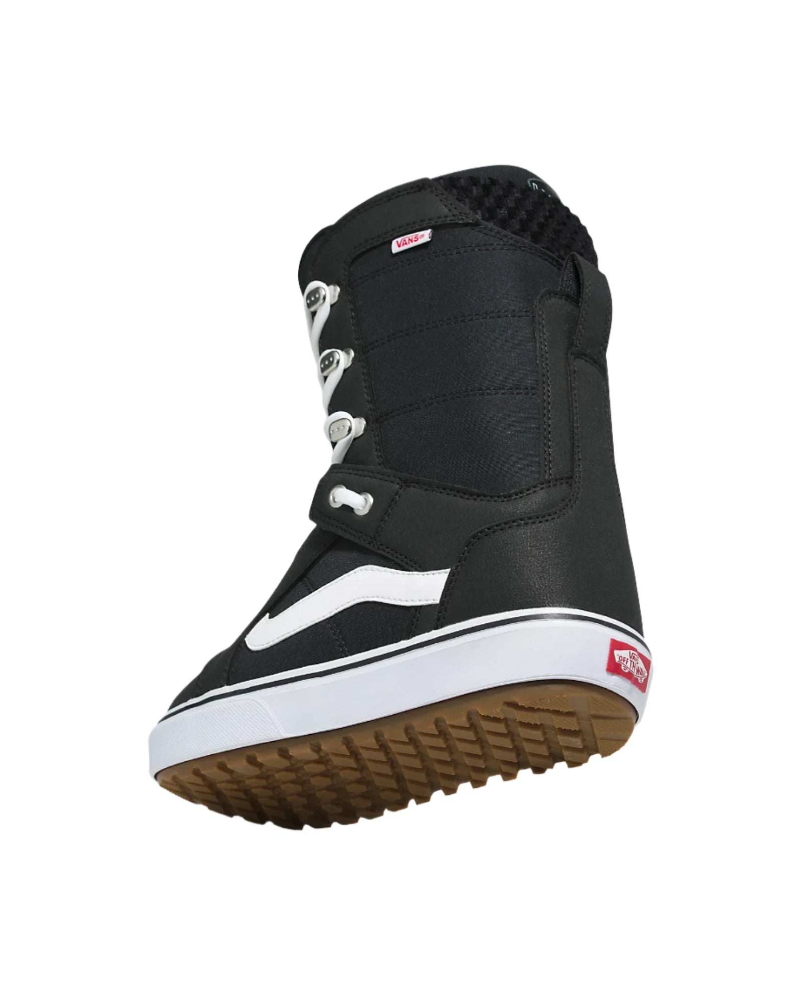 Vans Women's Hi-Standard OG Snowboard Boot 2025 - Black snowboard boot with white laces and a white stripe on the side.