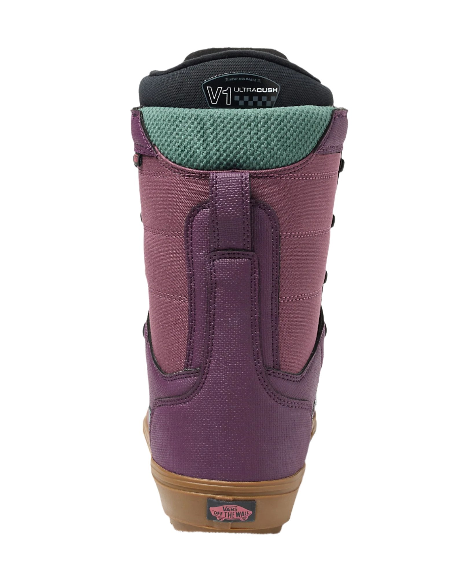 Vans Women's Hi-Standard OG Snowboard Boot 2025 - A black snowboard boot with a white logo on top and a brown sole.