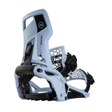 Nidecker Supermatic Snowboard Binding - A white snowboard binding with a black strap and logo on top, featuring a geometric pattern on the side.