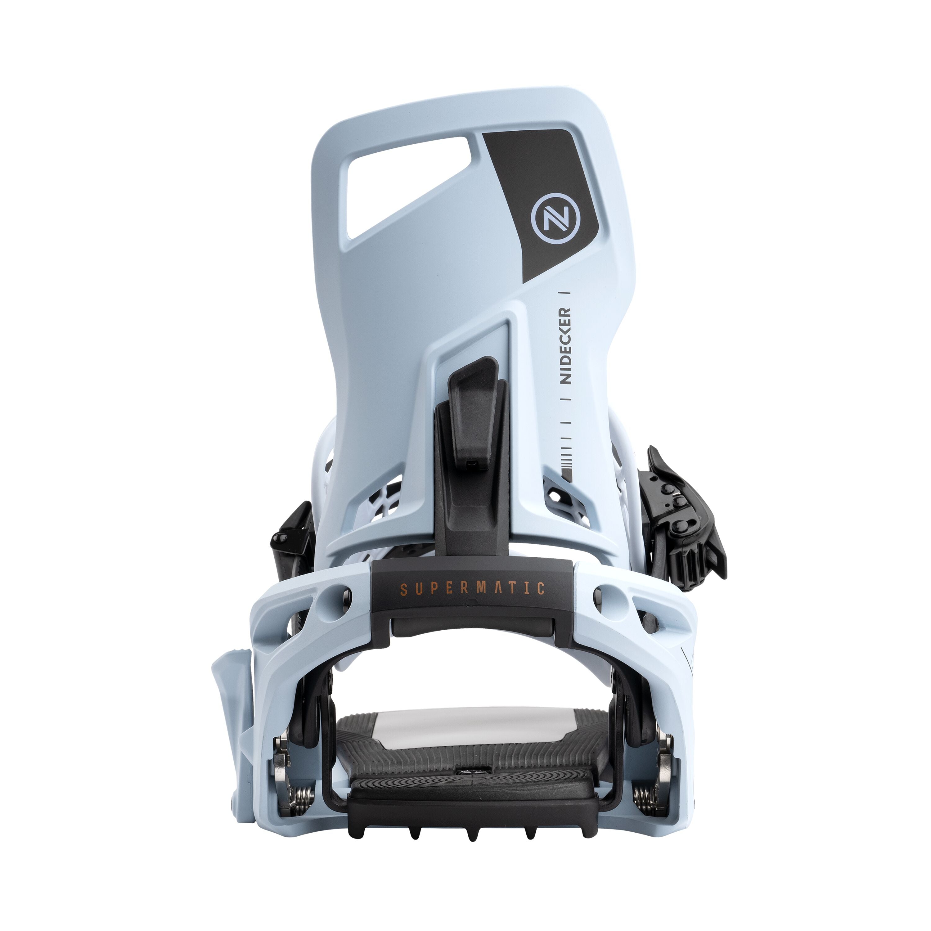 Nidecker Supermatic Snowboard Binding - A light blue snowboard binding with a black strap and silver screws.