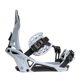 Nidecker Supermatic Snowboard Binding - A light gray snowboard binding with a black strap and buckle, featuring a geometric pattern on the baseplate.