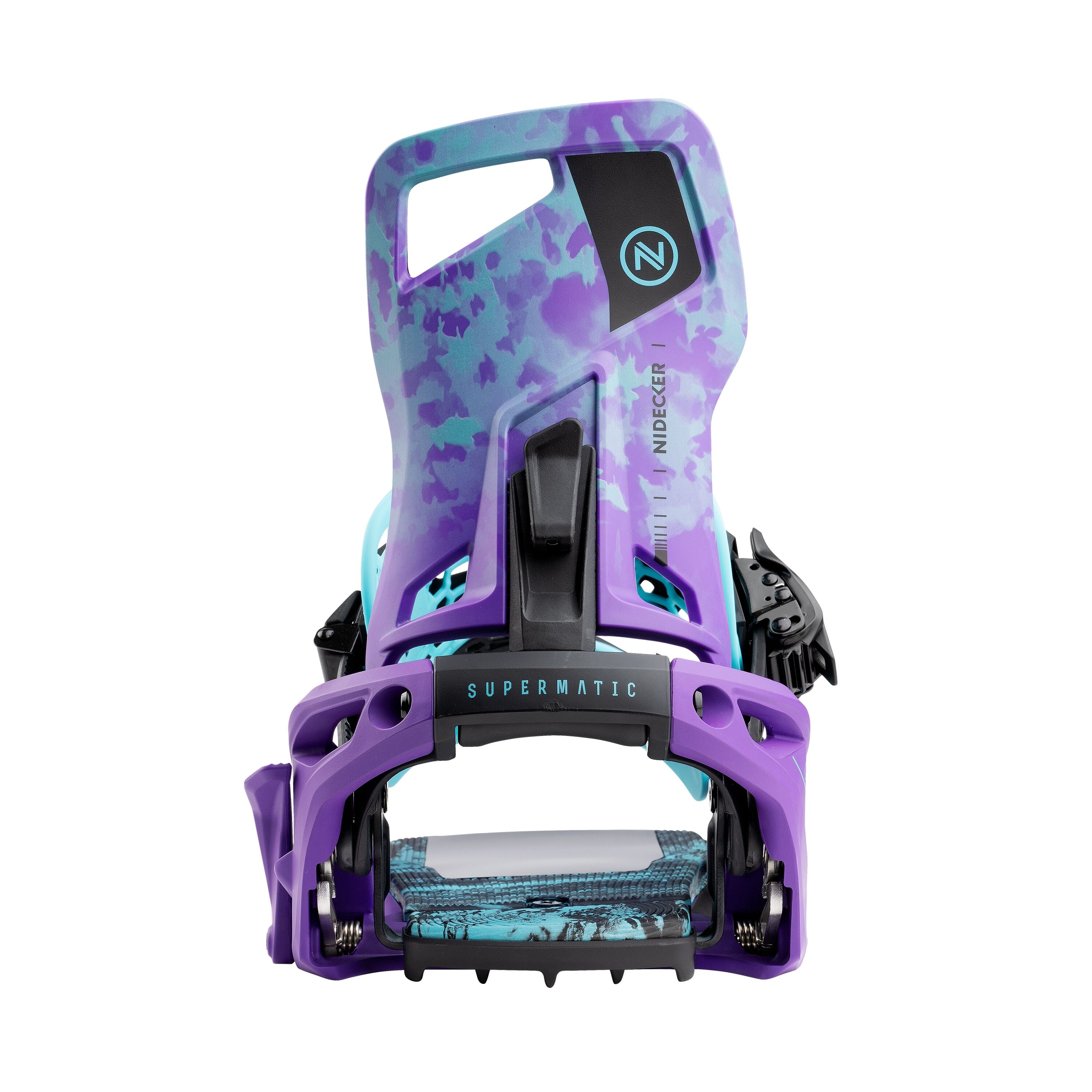 Nidecker Supermatic Snowboard Binding - A purple snowboard binding with a black strap and blue lettering, featuring a pattern of light blue splotches on its baseplate.