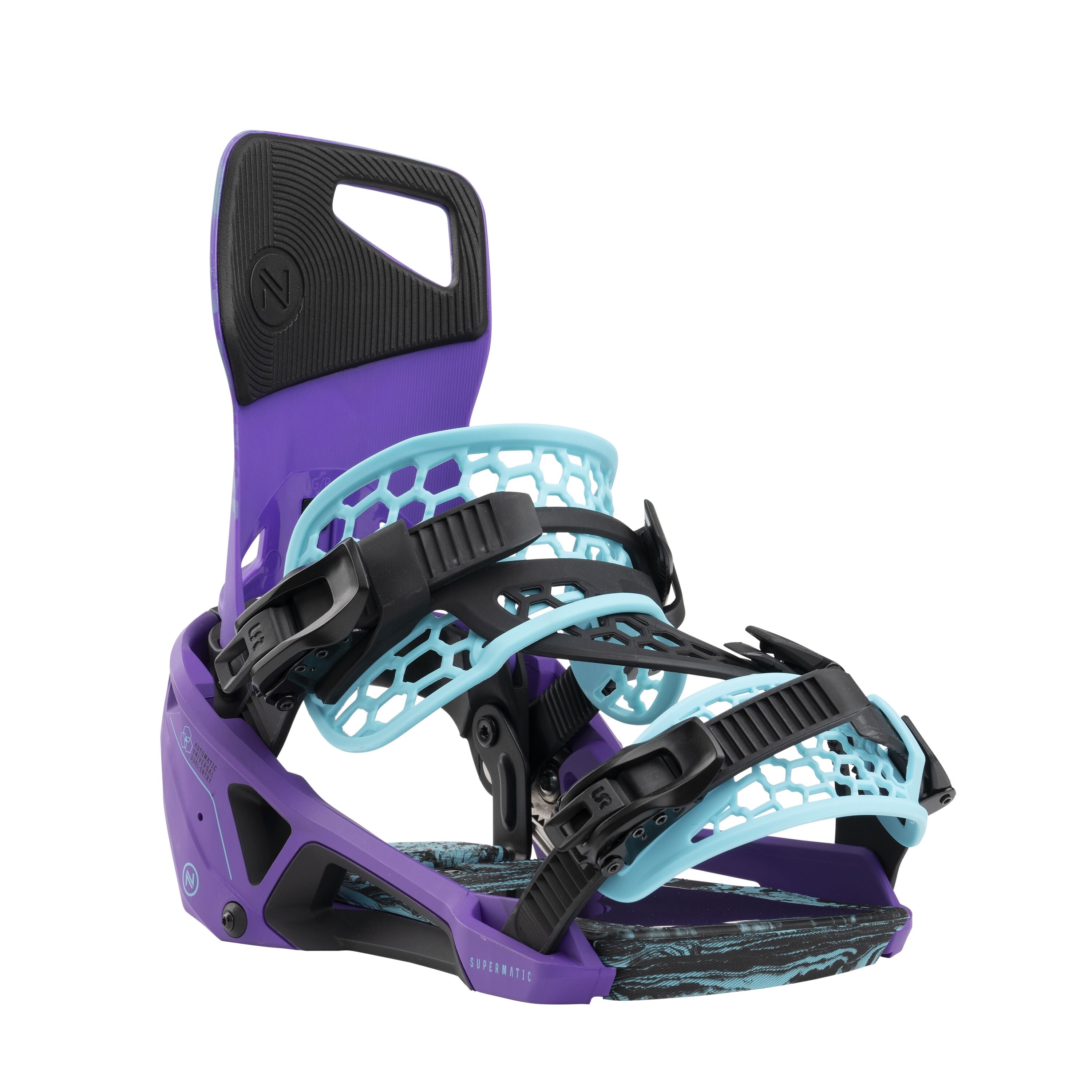 Nidecker Supermatic Snowboard Binding - A purple snowboard binding with black straps and buckles, featuring a blue honeycomb pattern on the baseplate.