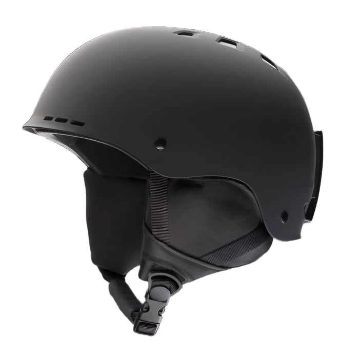 Smith Holt Helmet 2025 - Black helmet with a matte finish, featuring ventilation holes on top and a chin strap.