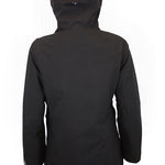 Women’s insulated hooded jacket, dark color with rear view and side seams