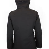 Women’s insulated hooded jacket, dark color with rear view and side seams