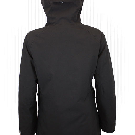 Women’s insulated hooded jacket, dark color with rear view and side seams