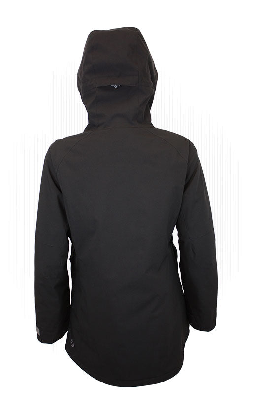 Women’s insulated hooded jacket, dark color with rear view and side seams