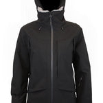 Women’s insulated hooded jacket, black with front view, zip closure, and chest pockets