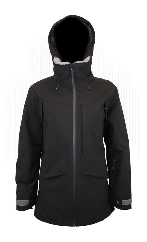 Women’s insulated hooded jacket, black with front view, zip closure, and chest pockets